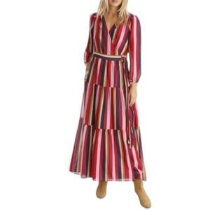 Xirena Tilda Silk Cotton Striped Wrap Maxi Dress - Navy Purple - Medium - NWT